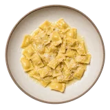 Agnolotti del Plin on stoneware bowl with Butter, Egg, Egg Pasta Sheets