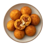 Arancini on stoneware bowl with Bread Crumbs, Egg, mozzarella