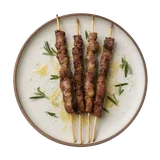 Arrosticini on stoneware bowl with Lamb, Olive Oil, Rosemary