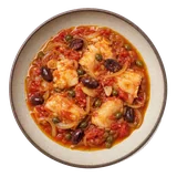 Baccala a Ciuredda on stoneware bowl with Caper, Garlic, Olive