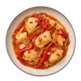 Baccala alla cosentina on stoneware bowl with Bell Pepper, chili, Garlic