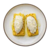 Baccala Mantecato on stoneware bowl with Garlic, Olive Oil, Polenta
