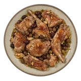 Coniglio alla ligure on stoneware bowl with Garlic, Olive, Olive Oil