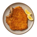 Cotoletta alla Milanese on stoneware bowl with Bread Crumbs, Butter, Egg