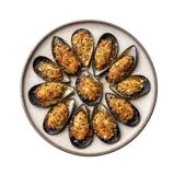 Cozze arraganate on stoneware bowl with Bread Crumbs, Garlic, Mussels