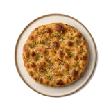 Focaccia on stoneware plate with Flour, Olive Oil, Rosemary