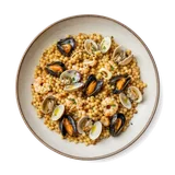 Fregula ai frutti di mare on stoneware bowl with Clams, Fregola, Garlic