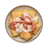 Gnocco fritto on stoneware bowl with Flour, Lard, parmesan