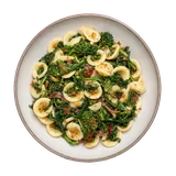 Orecchiette con cime di rapa on stoneware bowl with Anchovy, Bread Crumbs, Broccoli Rabe
