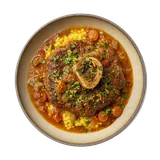 Ossobuco alla Milanese on stoneware bowl with Beef Broth, Carrot, Celery