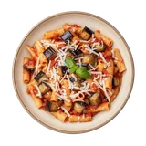 Pasta alla Norma on stoneware bowl with Basil, Eggplant, Garlic