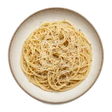 Pasta Cacio e Pepe on stoneware bowl with Black pepper, pecorino, Spaghetti