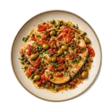 Pesce spada alla Siciliana on stoneware bowl with Caper, Olive, Olive Oil