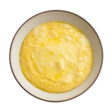 Polenta alla Valdostana on stoneware bowl with Butter, Fontina, Milk
