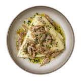 Polenta e schie on stoneware bowl with Garlic, Olive Oil, Parsley