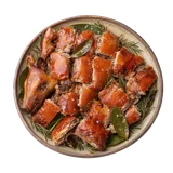 Porceddu on stoneware bowl with Bay Leaf, Myrtle, Rosemary