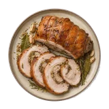 Porchetta on stoneware bowl with Bay Leaf, Fennel, Garlic