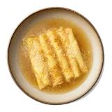 Scrippelle on stoneware bowl with Beef Broth, Crepes, Egg