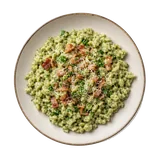 Spatzle or Tyrolean dumplings on stoneware bowl with Butter, Milk, parmesan