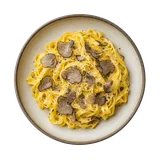 Tagliatelle al tartufo di Acqualagna on stoneware bowl with Black Truffle, Butter, Olive Oil