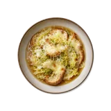 Zuppa alla Valdostana on stoneware bowl with Beef Broth, Bread, Butter