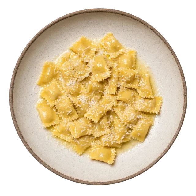 Agnolotti del Plin on stoneware bowl with Butter, Egg, Egg Pasta Sheets