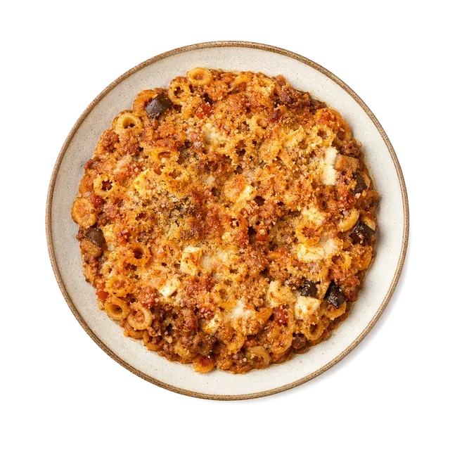 Anelletti al forno on stoneware bowl with Bread Crumbs, Eggplant, mozzarella
