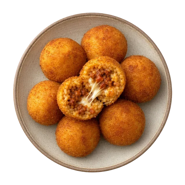 Arancini on stoneware bowl with Bread Crumbs, Egg, mozzarella