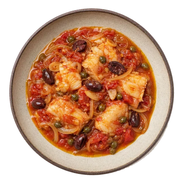 Baccala a Ciuredda on stoneware bowl with Caper, Garlic, Olive