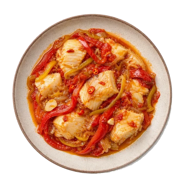 Baccala alla cosentina on stoneware bowl with Bell Pepper, chili, Garlic
