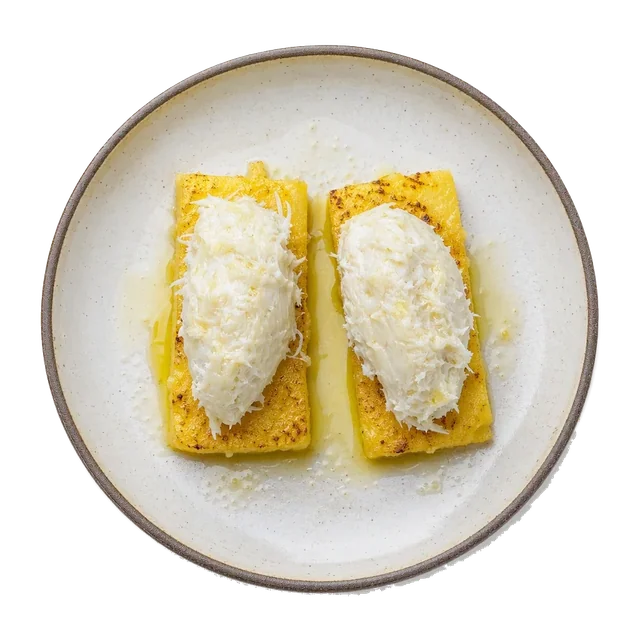 Baccala Mantecato on stoneware bowl with Garlic, Olive Oil, Polenta