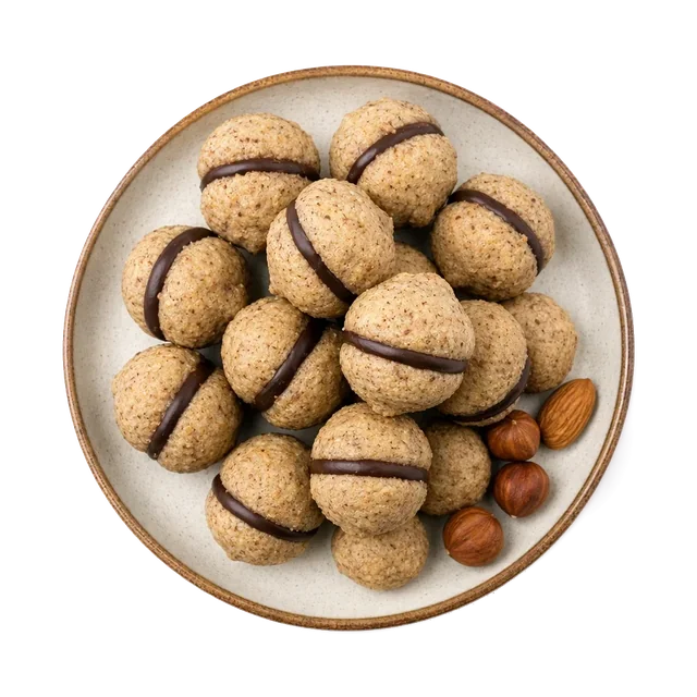 Baci di Alassio on stoneware bowl with Almond, Chocolate, Egg White