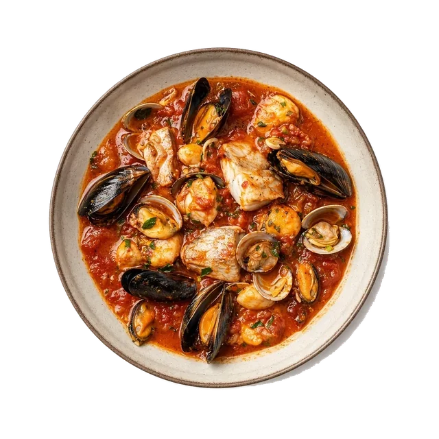 Brodetto alla giuliese on stoneware bowl with Clams, Cod, Garlic