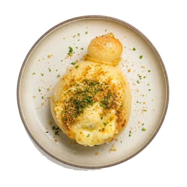 Caciocavallo farcito on stoneware bowl with Bread Crumbs, Caciocavallo, Egg