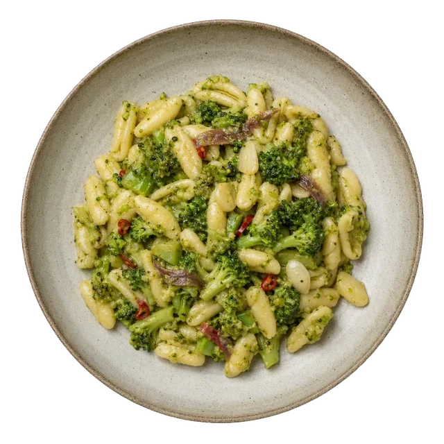 Cavatelli con broccoli on stoneware bowl with Anchovy, Broccoli, Cavatelli