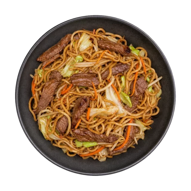 Beef chow mein, plated