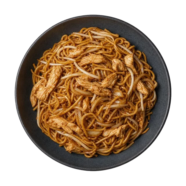 Chicken chow mein, plated