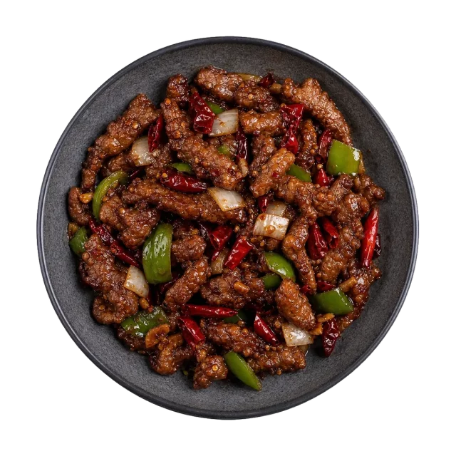 Crispy chilli beef, plated