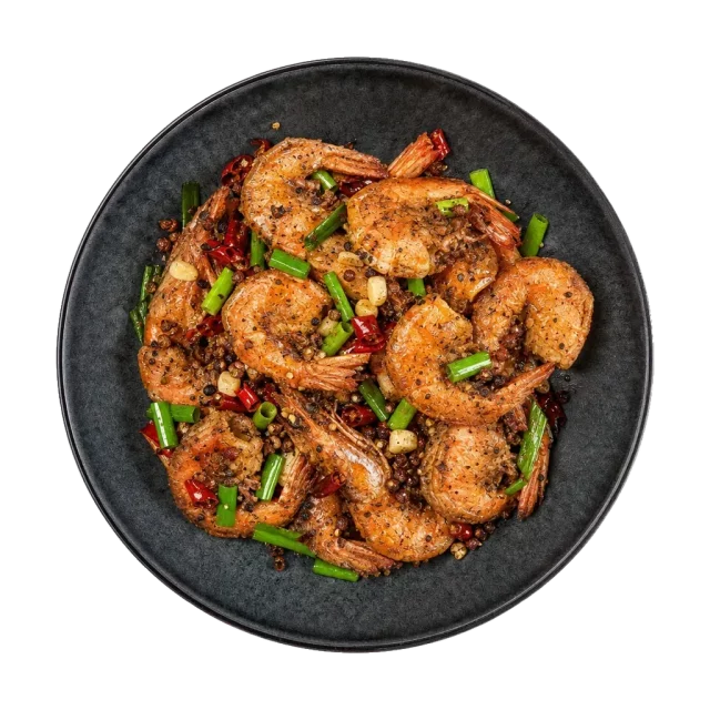 Salt and pepper prawns, plated