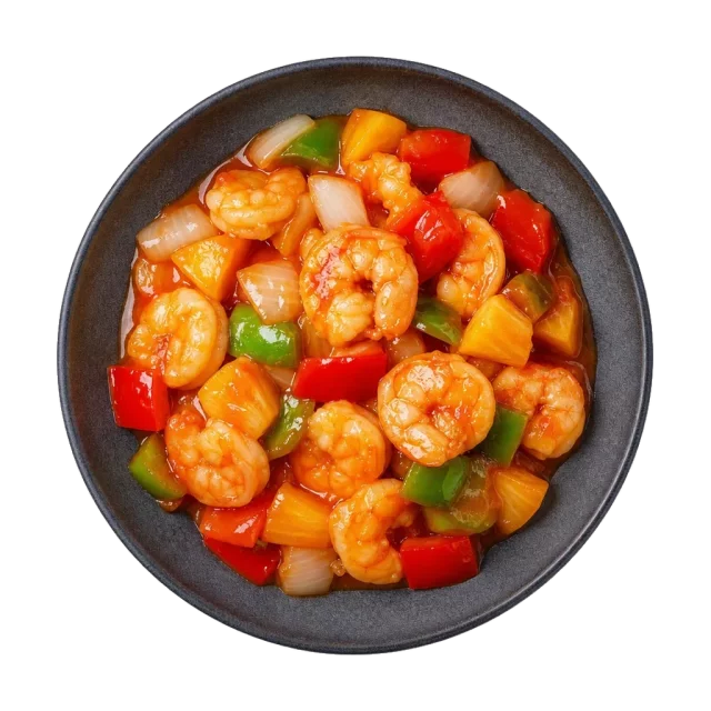 Sweet and sour prawns, plated