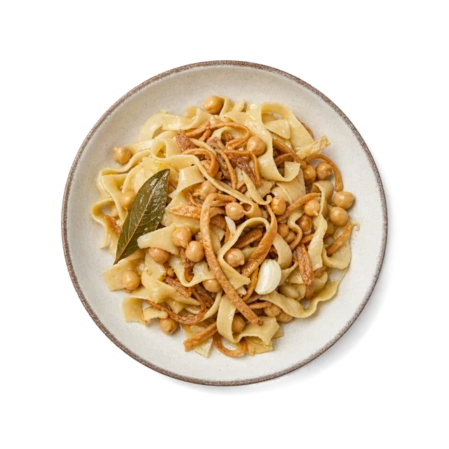 Ciceri e tria on stoneware bowl with Bay Leaf, Chickpea, Garlic