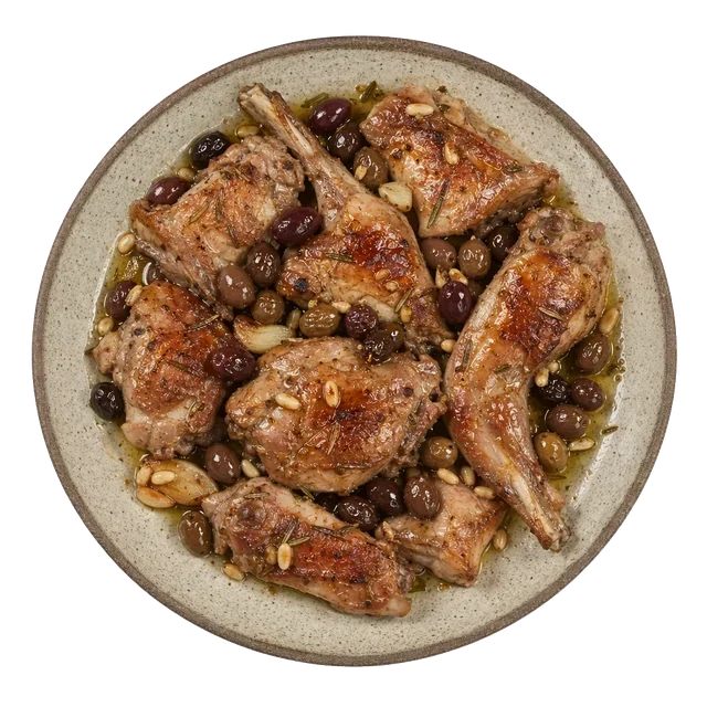 Coniglio alla ligure on stoneware bowl with Garlic, Olive, Olive Oil
