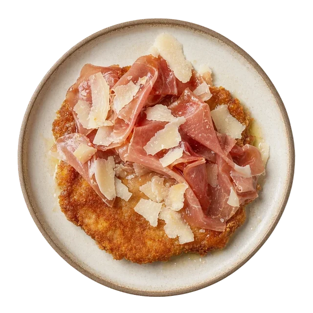 Cotoletta alla bolognese on stoneware bowl with Bread Crumbs, Butter, Egg