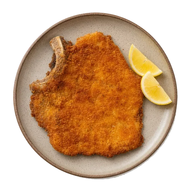 Cotoletta alla Milanese on stoneware bowl with Bread Crumbs, Butter, Egg