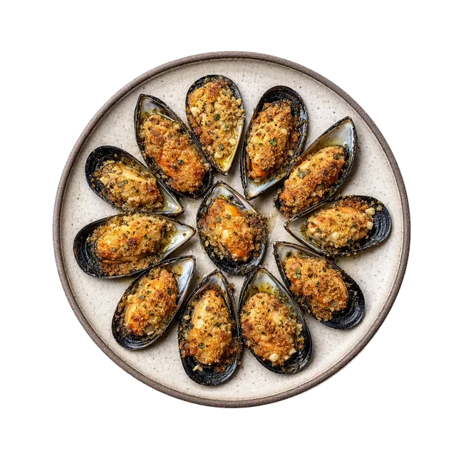 Cozze arraganate on stoneware bowl with Bread Crumbs, Garlic, Mussels