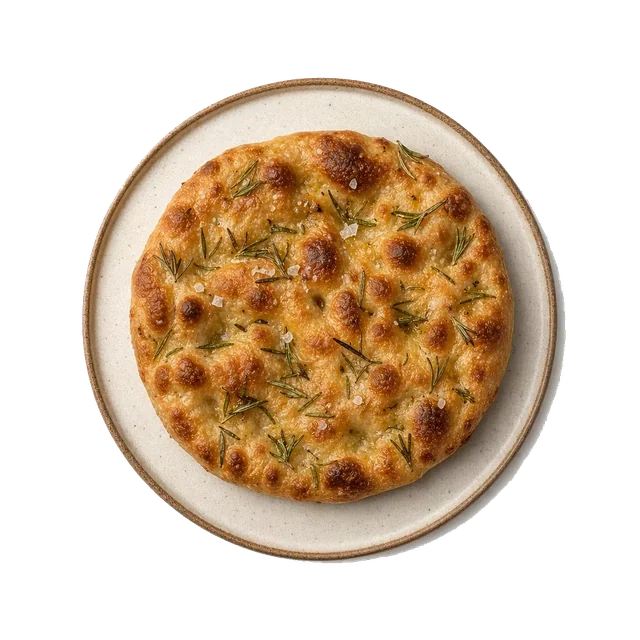 Focaccia on stoneware plate with Flour, Olive Oil, Rosemary