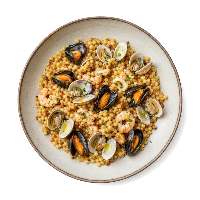 Fregula ai frutti di mare on stoneware bowl with Clams, Fregola, Garlic