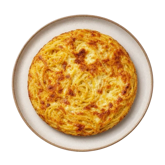 Frittata di maccheroni on stoneware bowl with Egg, mozzarella, Olive Oil