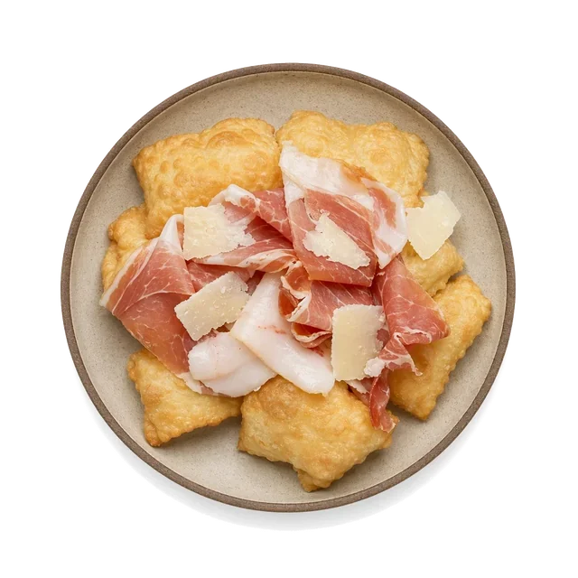 Gnocco fritto on stoneware bowl with Flour, Lard, parmesan