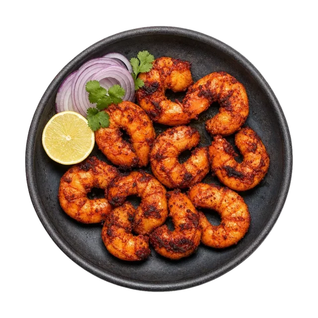 Tandoori prawns, plated